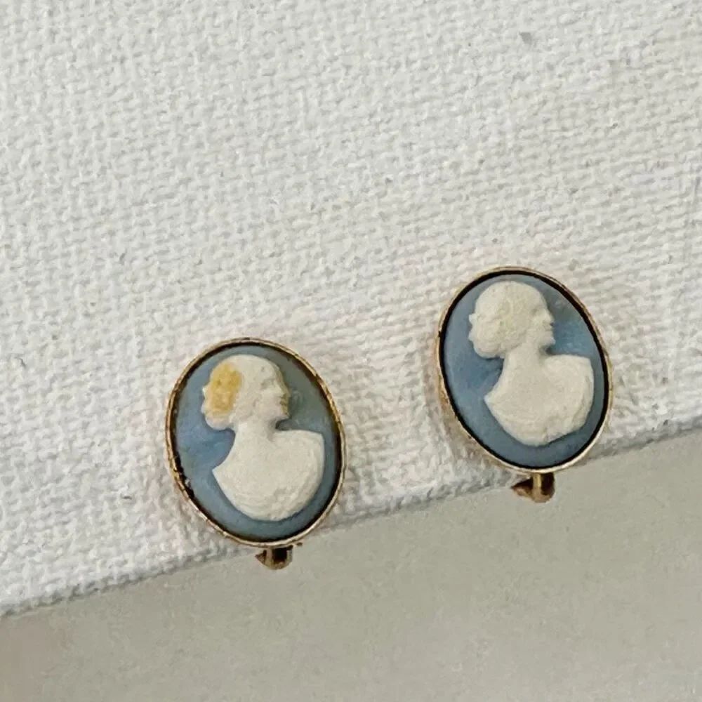 Small vintage blue and white carved cameo clip on earrings